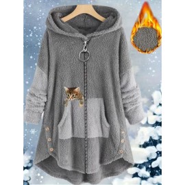 Women's Plus-Size Plush Zip-Up Hooded Jacket with Cat Print & Button Closure - Oversized Winter Warm Coat, Sleeveless Sporty Outerwear for Running, Gym, Casual Outfits - Machine Washable (Brown/Beige/Pink) - Fleece Lining, Pockets, Color Block Design, Relaxed Fit, Suitable for Exercise & Casual Attire, Large Size Casual Sportswear with Plush Material