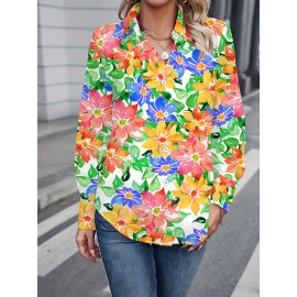 Plus Size Women's 3D All-Over Floral Blouse - Button-Up Collar Long Sleeve Shirt, Soft Light Beige Top for Spring/Autumn, Casual & Dressy Wear, Machine Washable Comfortable Fit for Year-Round (Elegant Special Line Collection)