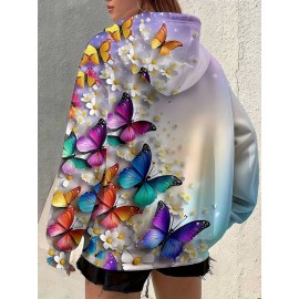 Plus Size Women'S 3D Butterfly & Floral Print Zip-Up Hoodie Jacket - Oversized Loose Fit Retro V-Neck Sweatshirt with Pockets, Long Sleeve Full-Zip Front, Multicolor All-Over Print (PinkPurple/Yellow/Green/Orange) for Fall Winter Warmth