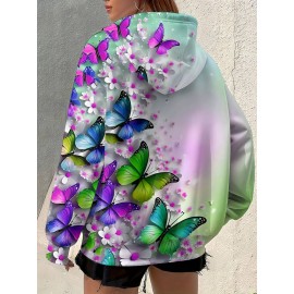 Plus Size Women'S 3D Butterfly & Floral Print Zip-Up Hoodie Jacket - Oversized Loose Fit Retro V-Neck Sweatshirt with Pockets, Long Sleeve Full-Zip Front, Multicolor All-Over Print (PinkPurple/Yellow/Green/Orange) for Fall Winter Warmth