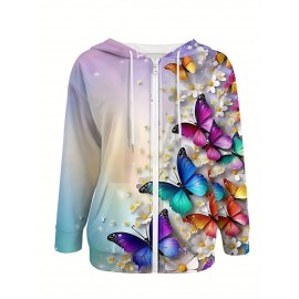 Plus Size Women'S 3D Butterfly & Floral Print Zip-Up Hoodie Jacket - Oversized Loose Fit Retro V-Neck Sweatshirt with Pockets, Long Sleeve Full-Zip Front, Multicolor All-Over Print (PinkPurple/Yellow/Green/Orange) for Fall Winter Warmth