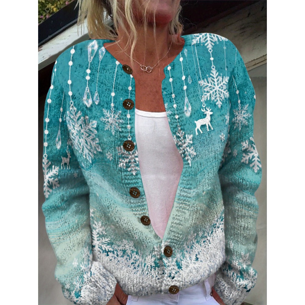 Women's Plus Size 0XL-6XL Turquoise & White Snowflake Button-Front Cardigan Sweater Coat - Soft Winter Jacket with Lace Collar, Cozy Loose Fit Christmas Party Outfits, New Year's Eve Holiday Dresses