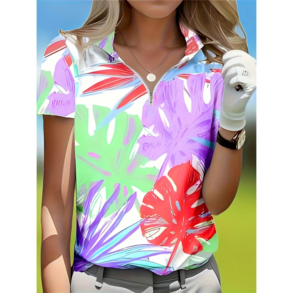 Women's Golf Shirt - Lightweight Quick-dry Top with Zipper Closure, Tropical Palm Leaf Pattern In Pink, All-season Shirt for Women Golfers - Elegant Casual Golf Outfit, Golf Shirt for Women, Golf