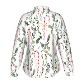 Women'S Red & Green Candy Cane & Holly Print White Long Sleeve Shirt - Lightweight Breathable Fabric, Stand Collar Button Front Closure, Regular Fit All-Day Comfort, Casual Winter Holiday Christmas Party Outfit, Festive Winter Alternative
