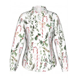Women'S Red & Green Candy Cane & Holly Print White Long Sleeve Shirt - Lightweight Breathable Fabric, Stand Collar Button Front Closure, Regular Fit All-Day Comfort, Casual Winter Holiday Christmas Party Outfit, Festive Winter Alternative