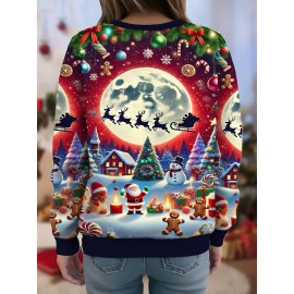 Plus Size Women'S 3D Crew Neck Sweatshirt | Loose-fitting, All-over Print Featuring Santa Claus'S Reindeer Sleigh, A Full Moon, Snow Scenes, Gingerbread Men, Perfect For The Christmas Season, Casual Style, Long Sleeve, Slight Stretch Fabric