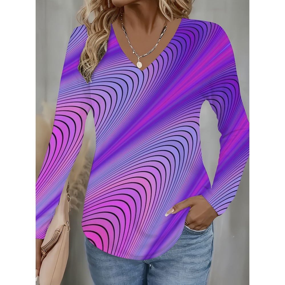 Plus Size Women'S V-Neck 3D Pink Purple Wave Pattern Long Sleeves T-Shirt | Abstract Print, Casual Style, Suitable for Winter, Christmas Party, Birthday, Christmas Enthusiasts, Christmas Limited Edition, New Year Gift