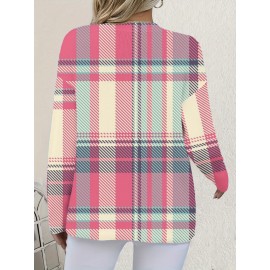 Plus Size Women's Soft Stretchy 3D Plaid Cardigan Sweater Jacket - Pink Button Front Round Neck Longline H-Line Coat with Umbrella Hem, All-Season Cozy Outerwear for Casual & Semi-Formal Wear, Machine Washable