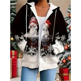Plus Size Women'S 3D Snowman Print Zip-Up Hoodie Jacket - Winter Warm Full-Zip Sweatshirt with Pockets, Loose Fit H-Line Silhouette, Long Sleeve Round Neck & Drawstring Hood, Cozy Casual Outerwear for Christmas & Autumn Winter (Snowman & Snowflake D