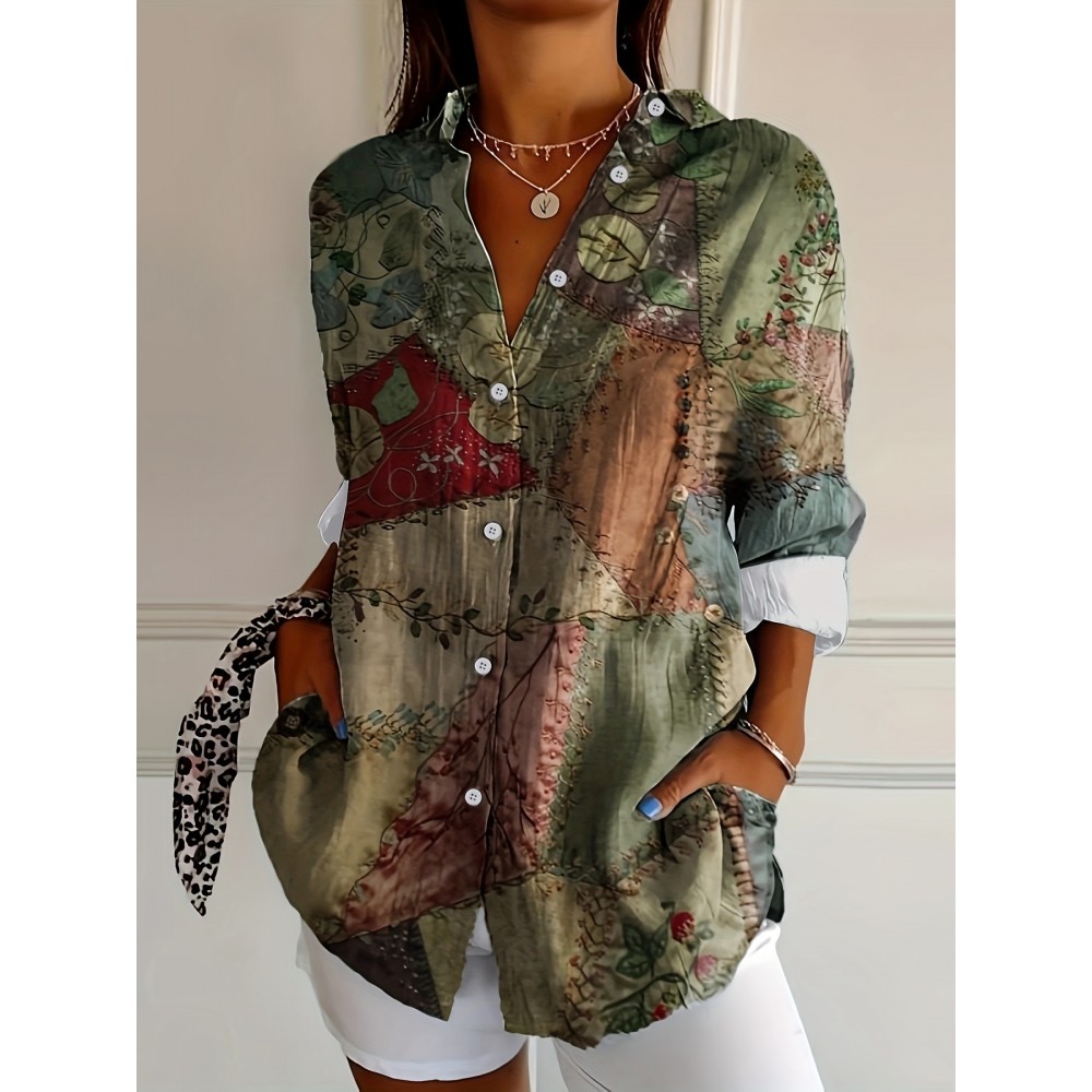 Vibrant Plus Size Women's Large Size Printed Shirt - Stylish Relaxed Fit - Soft Breathable Fabric - Casual Chic Style - Summer Essential, Everyday Outfit, Trendy Design, Quality Stitching, Comfortable Wear, Long Sleeve Top, Fashion Lovers