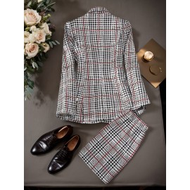 [Plaid Skirt Set] Elegant Plaid Pattern Button Skirt Set | Lapel Collar Long Sleeve Blazer & High Waist Skirt Outfits for Women | Spring & Fall Clothing