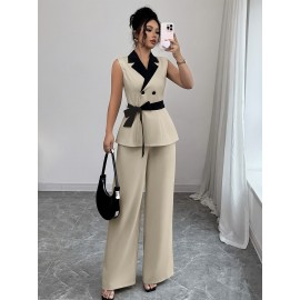 Women's Elegant Blazer & Wide-Leg Pants Set - Sleeveless Jacket with Belt, High-Waisted Trousers, Spring/Summer, Office or Casual, Formal Attire, Sleek Design