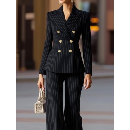 Women's Summer Suit Set, Loose Fit, Wide - leg Trousers Design, Decorated with Metal Buttons, Trendy and Versatile, Suitable for Weekend Outings/ Friends' Gatherings/ Shopping, Must - have for Casual Fashion