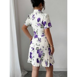 Printed Short Sleeve Pleated A-Line Elegant Romantic Women Suit Set