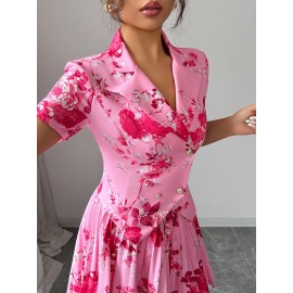 Printed Short Sleeve Pleated A-Line Elegant Romantic Women Suit Set