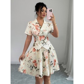 Printed Short Sleeve Pleated A-Line Elegant Romantic Women Suit Set