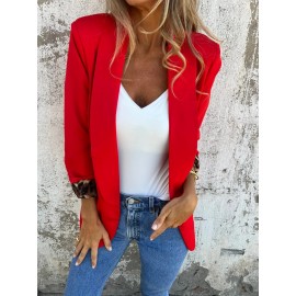 Women'S Elegant Red & Color Block Cheetah Print Lapel Collar Small Suit Jacket - Structured Loose Fit Tailored Blazer, Single-Button Closure, All-Season Versatile Coat for Casual & Formal Outfits, Long Sleeve Tailored Jacket with Notched Lapel