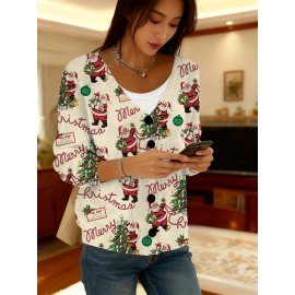 Women'S Vintage Christmas Cardigan - Santa Claus & Reindeer Print Sweater Coat, Loose Fit Long Sleeve Button Front Closure
