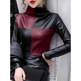 Women's Elegant -like Stretch Turtleneck Blazer Jacket-Like Top - Burgundy/Black/White/Gray Color Block H-Line Silhouette, Long Sleeve Shirt for Daily & Party Wear, Spring Summer Fall (No Chest Padding, Non-)