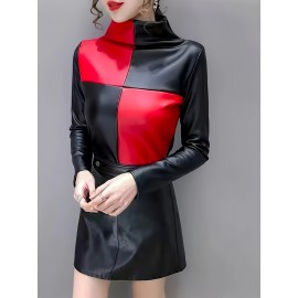 Women's Elegant -like Stretch Turtleneck Blazer Jacket-Like Top - Burgundy/Black/White/Gray Color Block H-Line Silhouette, Long Sleeve Shirt for Daily & Party Wear, Spring Summer Fall (No Chest Padding, Non-)