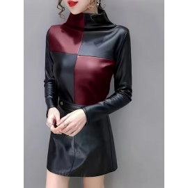 Women's Elegant -like Stretch Turtleneck Blazer Jacket-Like Top - Burgundy/Black/White/Gray Color Block H-Line Silhouette, Long Sleeve Shirt for Daily & Party Wear, Spring Summer Fall (No Chest Padding, Non-)