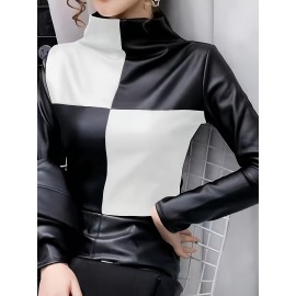 Women's Elegant -like Stretch Turtleneck Blazer Jacket-Like Top - Burgundy/Black/White/Gray Color Block H-Line Silhouette, Long Sleeve Shirt for Daily & Party Wear, Spring Summer Fall (No Chest Padding, Non-)