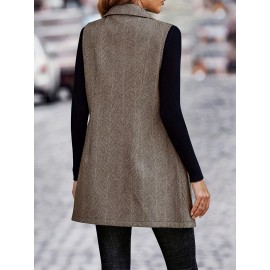 Women'S Herringbone Pattern Double-Breasted Lapel Vest Suit Jacket - Sleeveless H-Line Silhouette with Structured Lapel Collar, Beltless Waist & Knee-Length Design for Spring Summer Fall, Casual to Semi-Formal Outfits - Versatile Outerwear for Jeans to Dresses (No Belt Included)