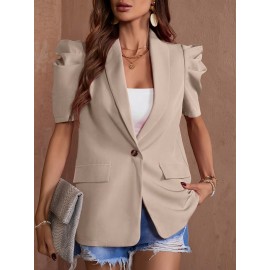 Women'S Chic Beige Lantern Sleeve Blazer - Short Sleeve, Double-Breasted Jacket with Faux Pockets, Casual Yet Elegant Polyester Outerwear for Spring & Summe