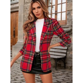 Women's Christmas Plaid Suit Jacket - Slim Fit Loose Single-Breasted Winter Coat, Elegant Blazer for Office, Party & Smart-Casual Wear, Machine Washable Fall/Winter Outerwear