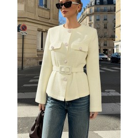 Elegant Versatile Waistcoat | Chic Casual Blazer, Stylish Slim-Fit Versatile Outerwear, Women'S Tweed Textured Commuting Single-Breasted Top, Material, Fall/Winter Season, Long Sleeve.