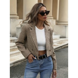 Women's Short Plaid Suit Jacket - Double Breasted Blazer with H-Line Silhouette, Loose Fit Short Length for Professional & Smart-Casual Outfits, Spring Summer Fall (Suitable for, Bluffers/Events)
