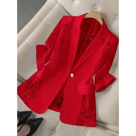 Women'S Lightweight Blazer - Elegant H-Silhouette Office Jacket, Non-Stretch Fabric, Three-Quarter Sleeve Blazer for Women, Professional & Casual Outfits (Spring/Fall/Summer) - Easy-Care Business Coat, Spring Summer Wear, Lace Trim Detailing, Fall Wardrobe, Breathable Material, Working Women