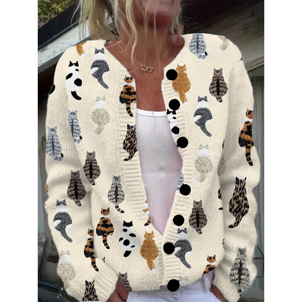 [Playful Design] Plus Size - Women's Lightweight Sweater Jacket - Pastel Pink With Black & White Animal Print, Button-Front Closure, Non-Bulky Long Sleeve Cardigan For Fall/Winter, Everyday & Formal Outfits - Position BK 052032, Fall Fashion, Playful Design, Comfortable Fit, Stylish Outerwear, Fashion Lovers, Cat Cardigan/Sweater For Women, Cardigan For Curvy Women, Curve Cat Print, Cardigans Women Good Quality, Vest Woman Large Size With Sleeve