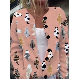 [Playful Design] Plus Size - Women's Lightweight Sweater Jacket - Pastel Pink With Black & White Animal Print, Button-Front Closure, Non-Bulky Long Sleeve Cardigan For Fall/Winter, Everyday & Formal Outfits - Position BK 052032, Fall Fashion, Playful Design, Comfortable Fit, Stylish Outerwear, Fashion Lovers, Cat Cardigan/Sweater For Women, Cardigan For Curvy Women, Curve Cat Print, Cardigans Women Good Quality, Vest Woman Large Size With Sleeve