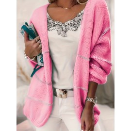 [Chic Cardigan] Plus Size Women's Chic Color-Block Striped V-Neck Cardigan | Long Sleeve, Beige & White, Casual Fall/Winter Outerwear with Lace Detail, Lace Trim