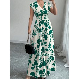 Elegant Pink Floral Maxi Dress with V-Neck and Short Sleeves - Flowing A-Line Silhouette, Cinched Waist, Perfect for Spring/Fall, Casual to Formal Wear, Casual Elegant Wear | Floral Print Dress | Cinched Waist Design