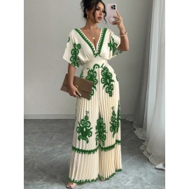 Women's Elegant V-Neck Short Sleeve Jumpsuit with Cinched Waist & Pleated Pants - Loose Fit Wedding Guest Outfit, Summer Party Suit, Machine Washable All-Season Attire